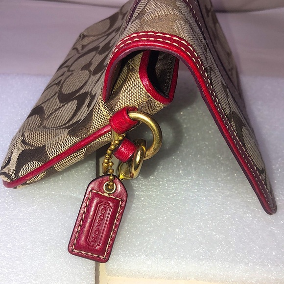 Vintage COACH Hampton Red Leather & Canvas Signature C Wristlet Clutch w Hangtag - Picture 14 of 17